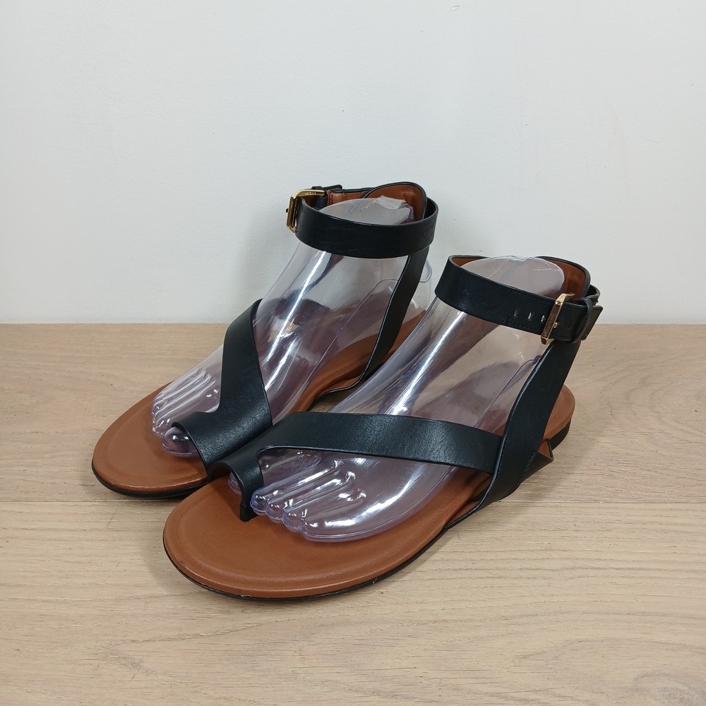 Naturalizer Sandals Women 8.5W Black Leather Thong Ankle Strap Buckle Flat